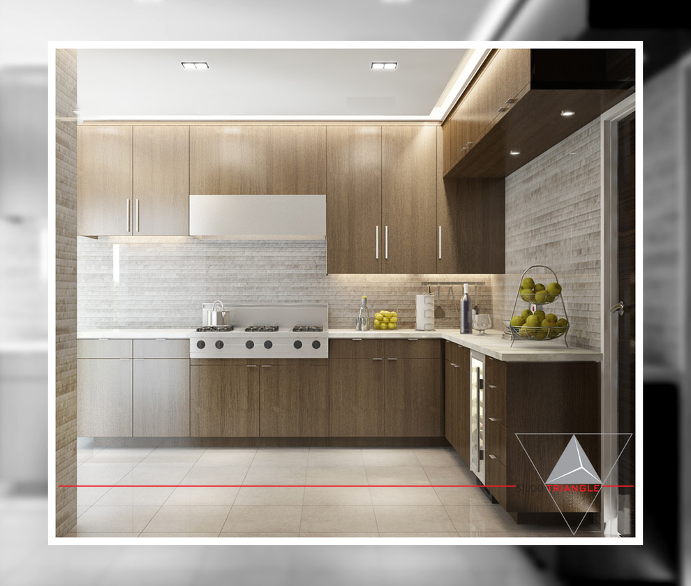 Mid-sized minimalist l-shaped ceramic tile and white floor kitchen pantry photo with a single-bowl sink, flat-panel cabinets, dark wood cabinets, marble countertops, white backsplash, ceramic backsplash and white appliances