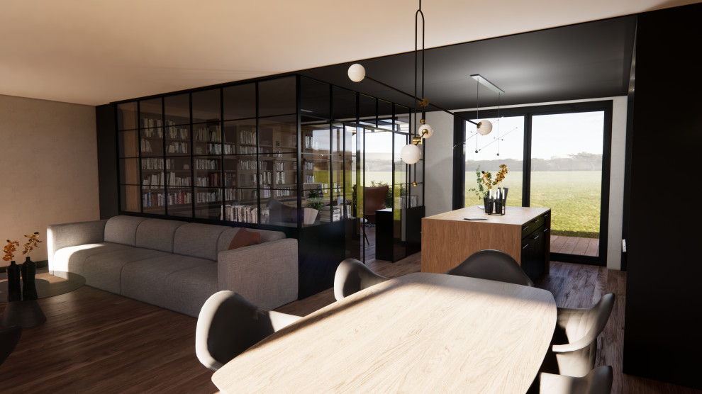 Cette photo montre une petite salle à manger ouverte sur le salon tendance avec sol en stratifié, aucune cheminée, un sol marron, verrière et un mur gris.
