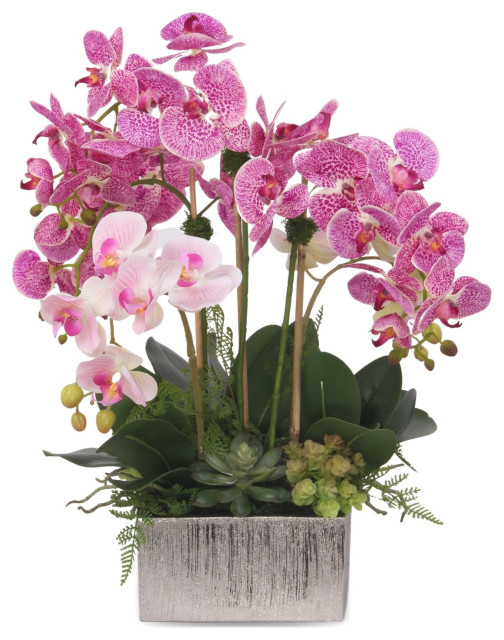 Pink Orchids Flower Arrangement, Square Ceramic Pot - Modern ...