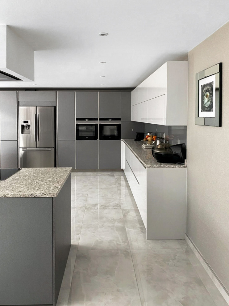 Design ideas for a large contemporary l-shaped kitchen in Essex with quartz worktops.