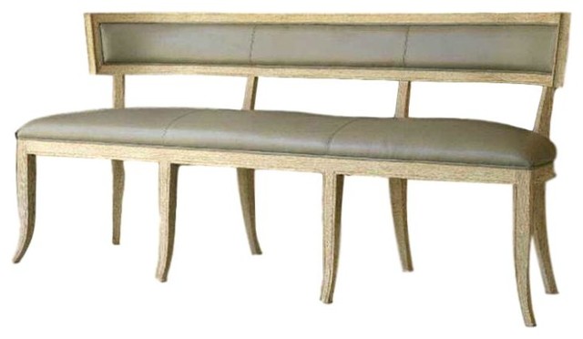 Elegant Curved Back Klismos Gray Leather Bench Modern Wood
