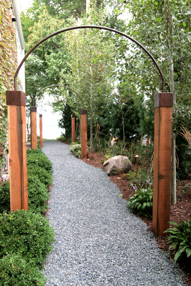 This is an example of a mid-sized traditional backyard gravel garden path in Minneapolis.