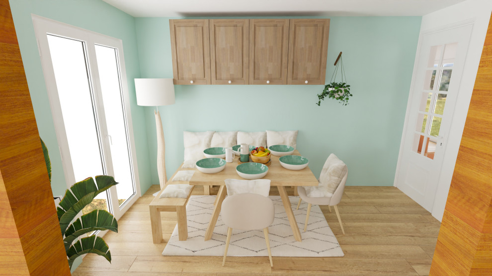 Foto de comedor nórdico de tamaño medio sin chimenea con con oficina, paredes azules, suelo de madera clara y suelo marrón