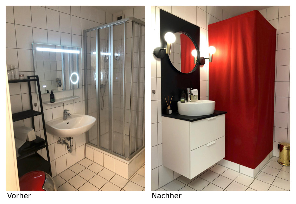 Design ideas for a small midcentury 3/4 bathroom in Cologne with flat-panel cabinets, white cabinets, a two-piece toilet, white tile, porcelain tile, white walls, porcelain floors, a vessel sink, wood benchtops, white floor, white benchtops, an enclosed toilet, a single vanity, a built-in vanity, wallpaper and wallpaper.