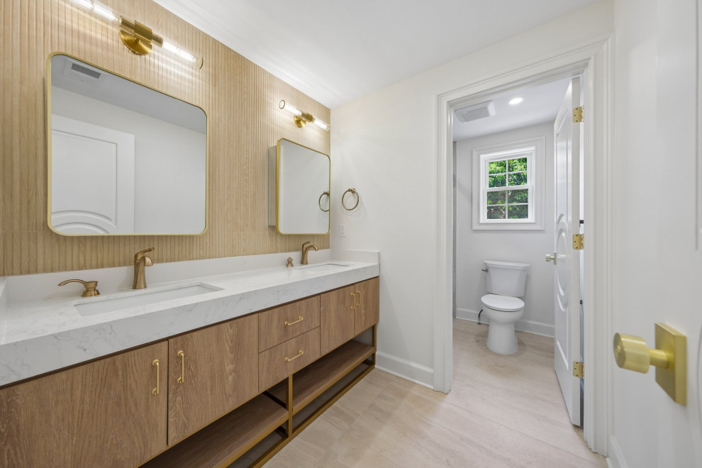 Oak Double Vanity & Wood Accent Wall in Teaneck, NJ