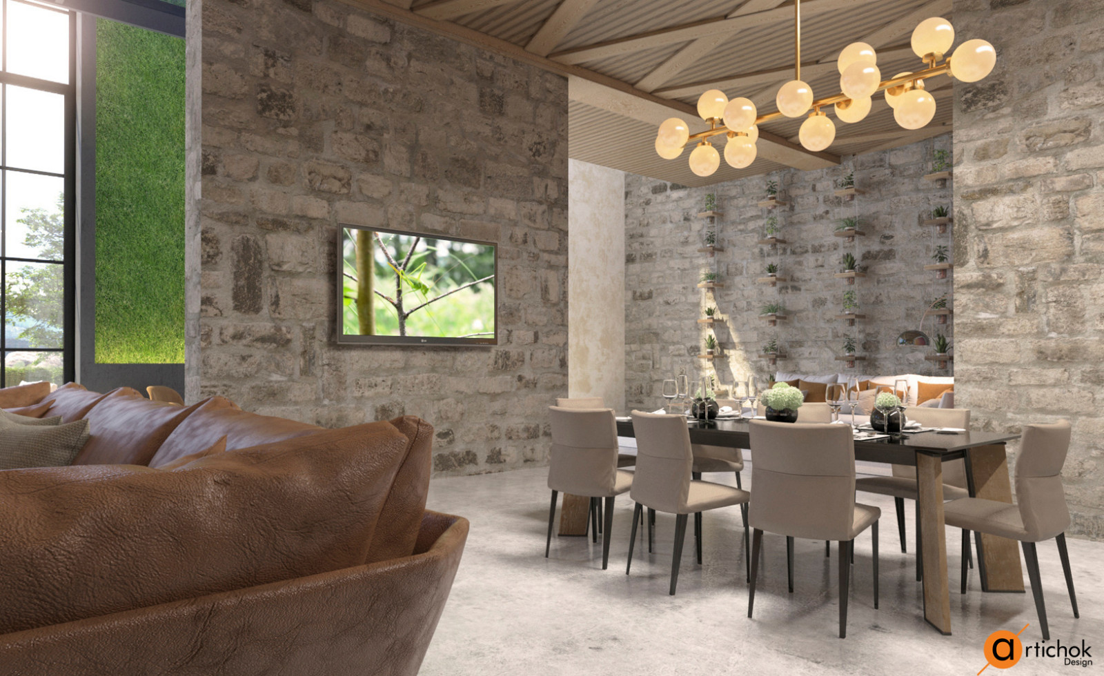 Интерьер гостиной-столовой в натуральных коричневых тонах