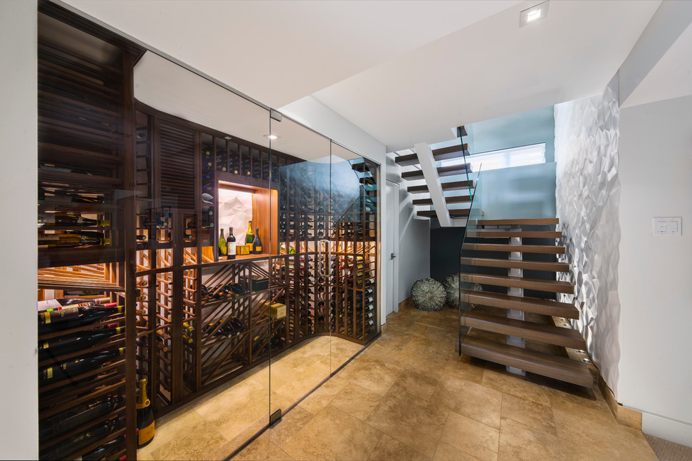 Photo of a contemporary wine cellar in Ottawa with storage racks and yellow floor.