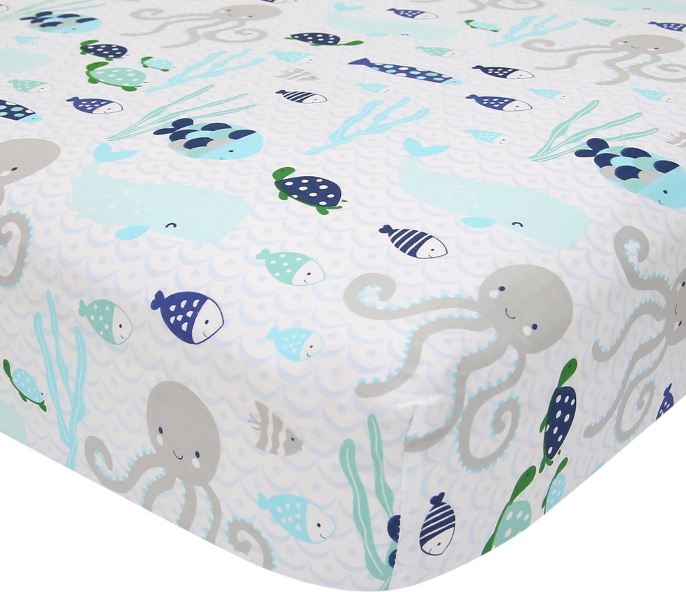 Lambs & Ivy Oceania Cotton Fitted Crib Sheet Blue, Gray, White, Aquatic Fitted Crib Sheets
