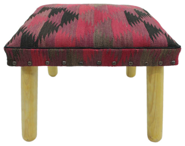 Chacon Pink Black Handmade Kilim Upholstered Bench Southwestern