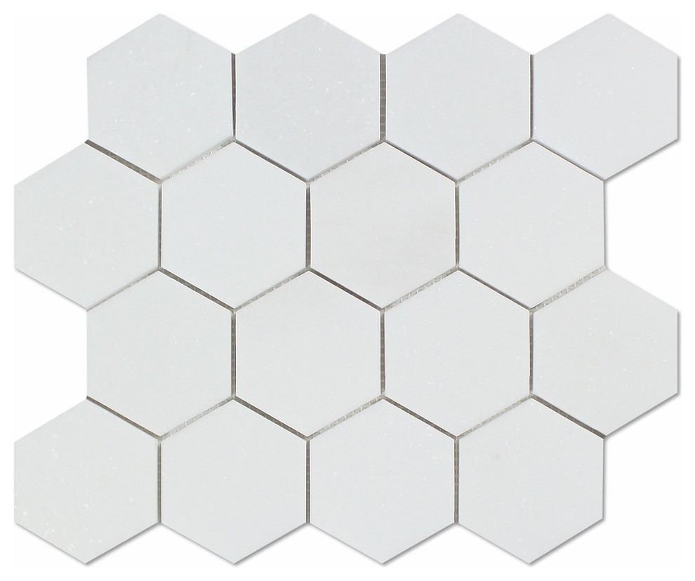 Thassos White Marble Honed 3" Hexagon Mosaic Tile Contemporary Wall