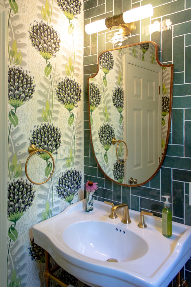 Inspiration for a medium sized contemporary cloakroom in Bridgeport with white cabinets, a one-piece toilet, green tiles, porcelain tiles, green walls, mosaic tile flooring, a console sink, white floors, a freestanding vanity unit and wallpapered walls.