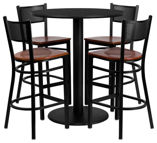 36" Round Black Table Set with 4 Grid Bar Stools - Cherry Wood Seat