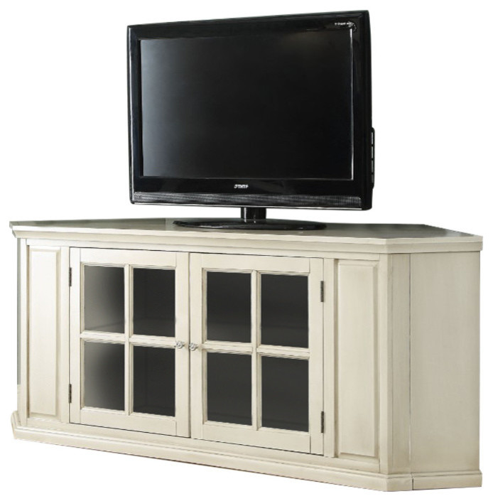 Wooden Corner TV Stand With Glass Doors, Antique White Farmhouse