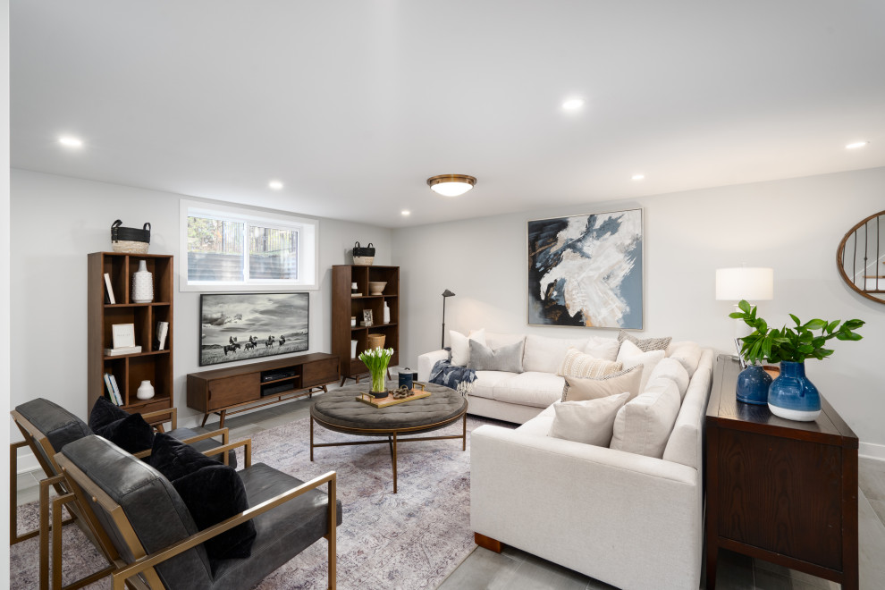 Mid-sized transitional look-out basement in Montreal with white walls, ceramic floors and grey floor.