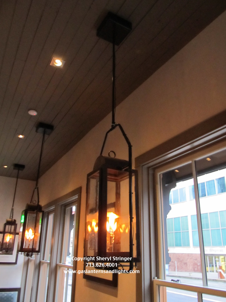 Sheryl's Durham Gas Lanterns Hanging by Steel Yokes in Restaurant