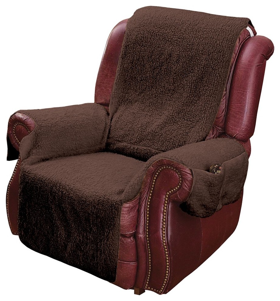 Recliner Chair Cover Fleece Chair Protector Set with Pockets Brown