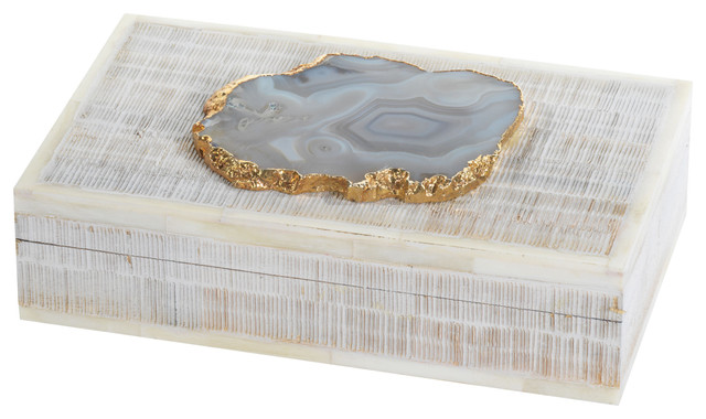 Chiseled Mango Wood & Bone Decorative Box With Agate Stone