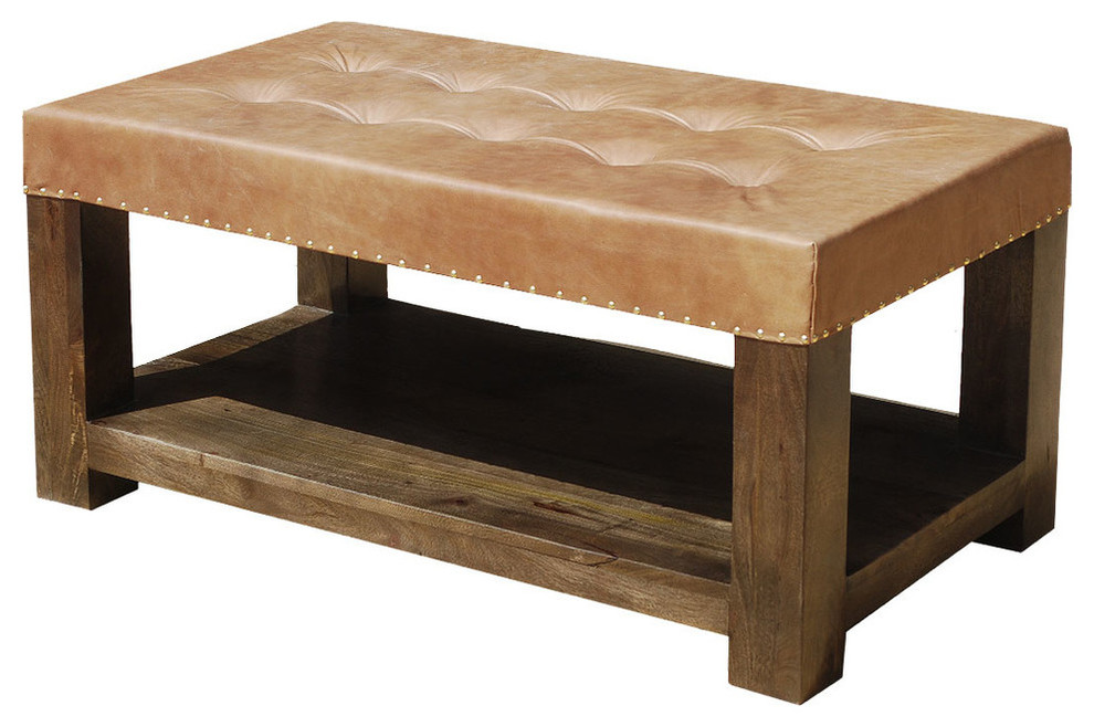Solid Mango Wood Leather Top Traditional Pot Board Coffee Table Traditional Pot Board Coffee Table