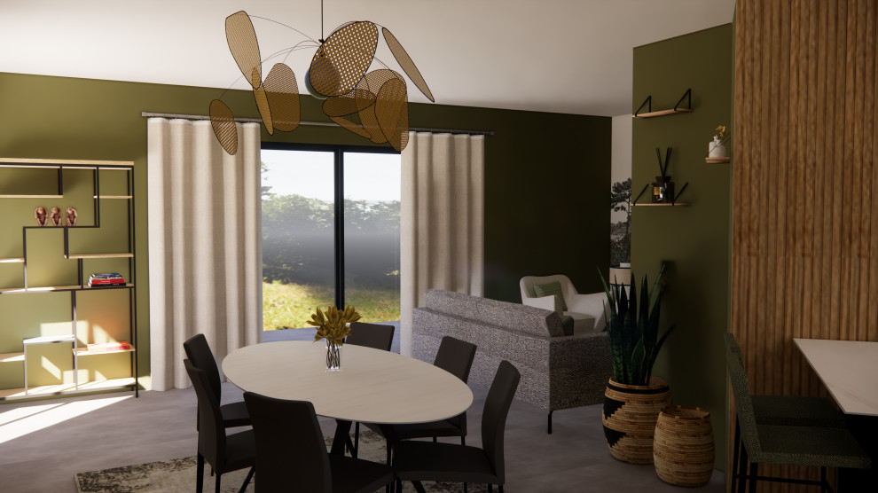 Идея дизайна: гостиная комната в стиле модернизм с зелеными стенами, полом из керамической плитки, серым полом и обоями на стенах