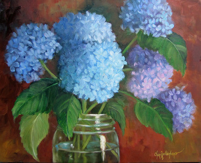 Blue Hydrangea Bouquet In Fruit Jar Still Life Oil Painting Original By Cheri
