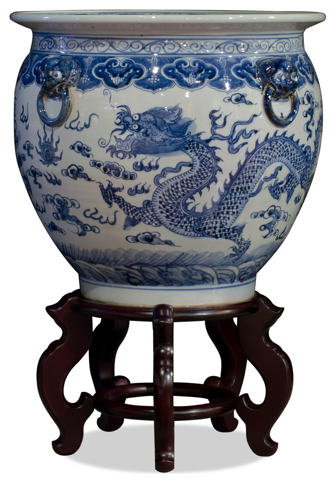 16" Blue and White Porcelain Imperial Dragon Chinese Fishbowl Planter