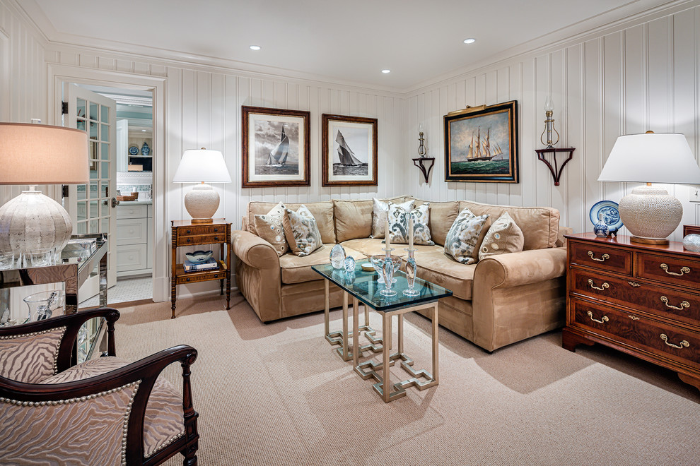 This is an example of a beach style family room in New York.