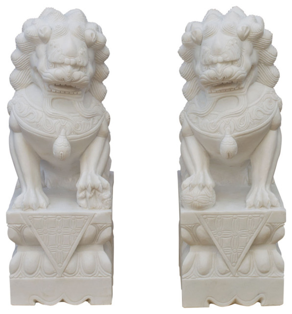 31in Grand White Marble Chinese Foo Dogs Statues - Free Threshold Delivery