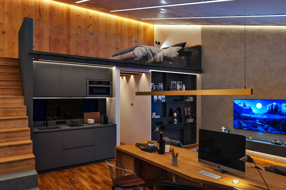 Интерьер небольшой двухуровневой квартиры студии в стиле лофт