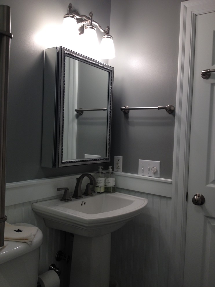 Small transitional kids' white tile and ceramic tile porcelain tile home design photo with a pedestal sink and gray walls