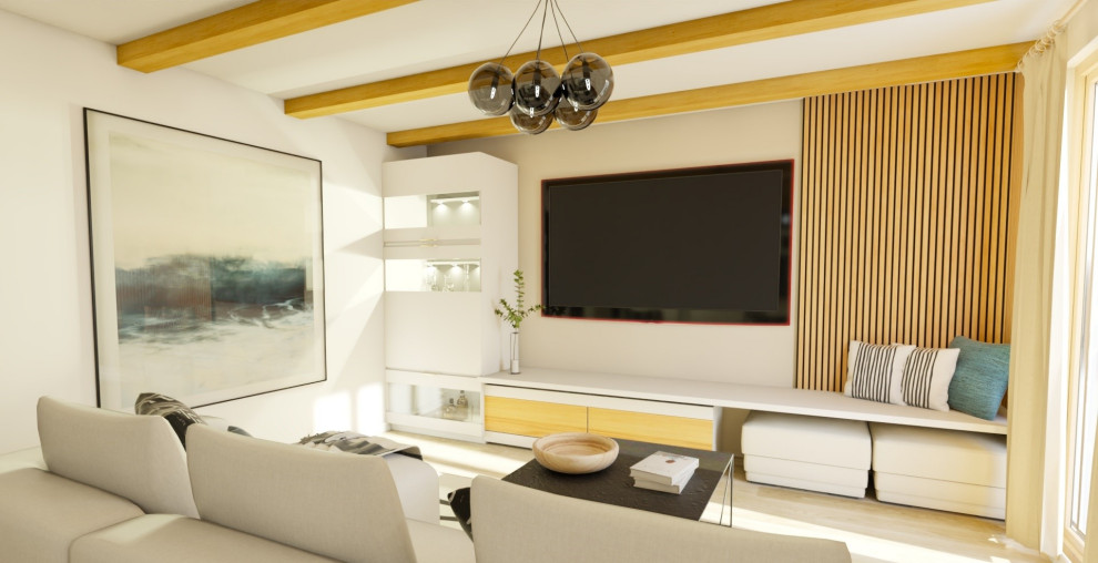 Стильный дизайн: большая открытая гостиная комната:: освещение в современном стиле с домашним баром, бежевыми стенами, светлым паркетным полом, телевизором на стене, бежевым полом, балками на потолке и стенами из вагонки - последний тренд