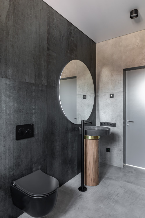 Artistic Allure: Large Black Wall Tiles and Stand-alone Vanity Inspiration