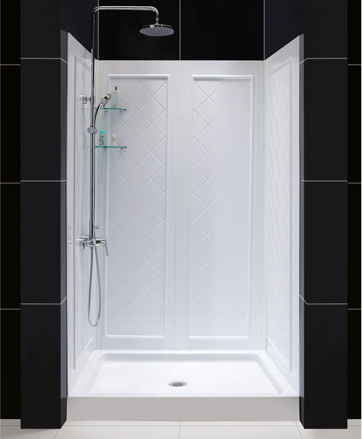 Slimline 32 X 48 76 3 4 Single Threshold Shower Base Qwall 5 32 D X 48 W 76 3 4 H Center Drain