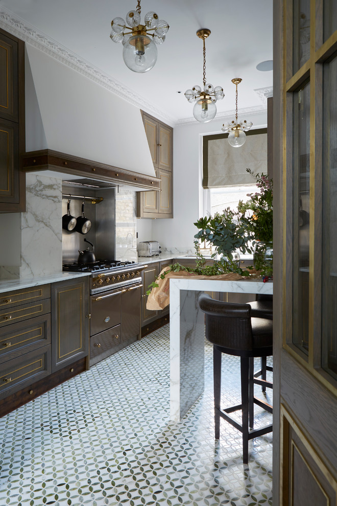 Traditional open plan kitchen in London with beaded inset cabinets, dark wood cabinets, white splashback, stone slab splashback and marble floors.