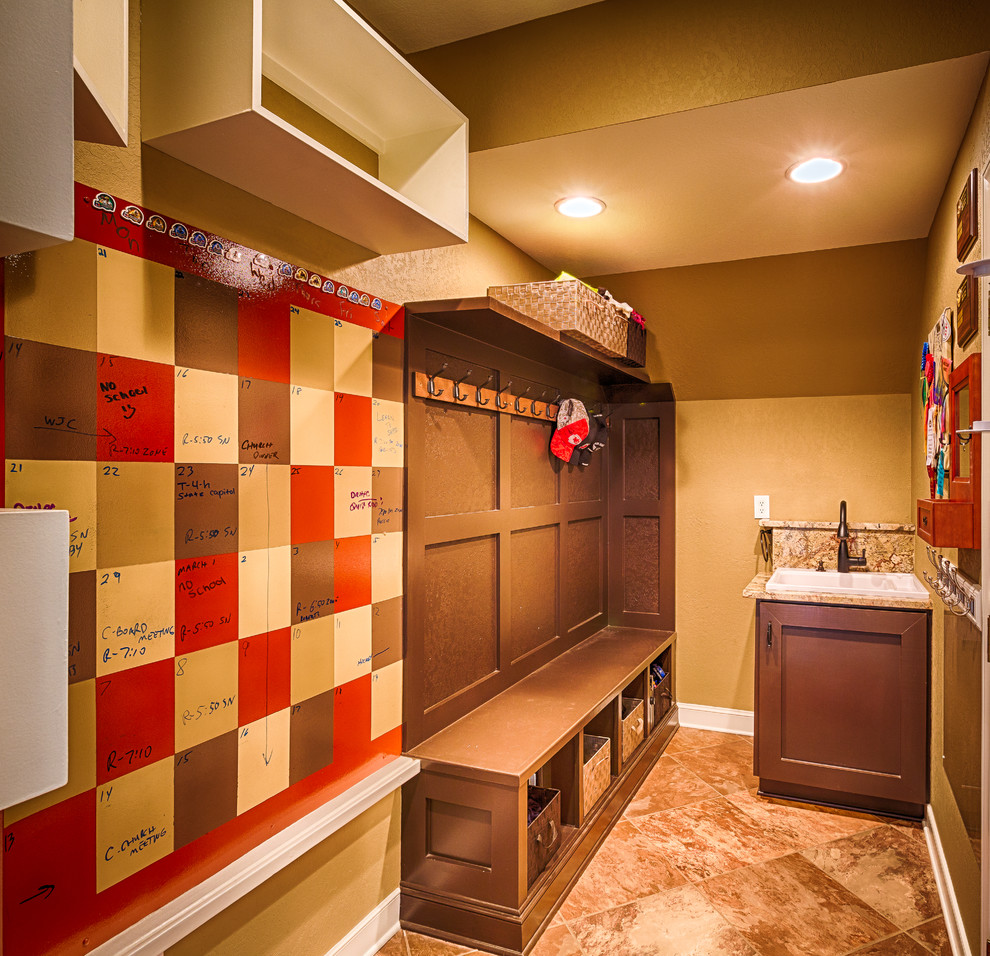 Mid-sized transitional porcelain tile mudroom photo in Richmond with beige walls
