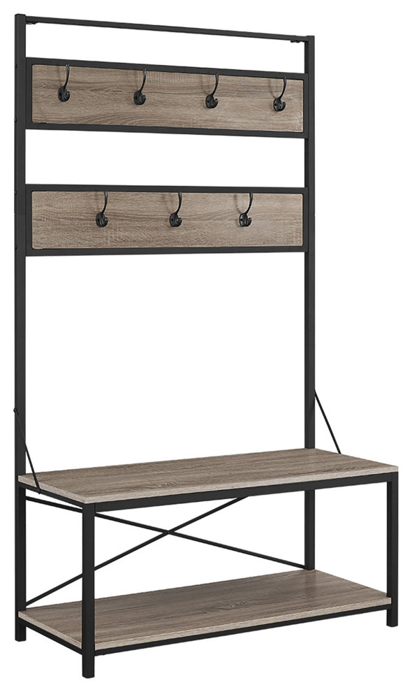 Rustic Hall Tree, Rectangle Bench With Open Shelf & 7 Hooks