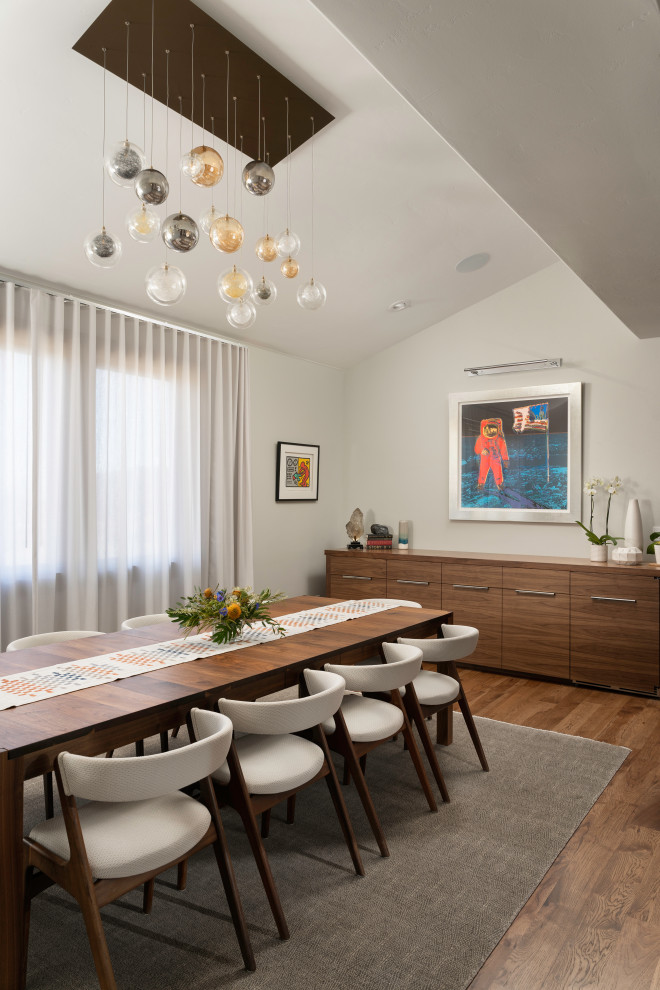 This is an example of a contemporary dining room in Denver with medium hardwood floors and vaulted.