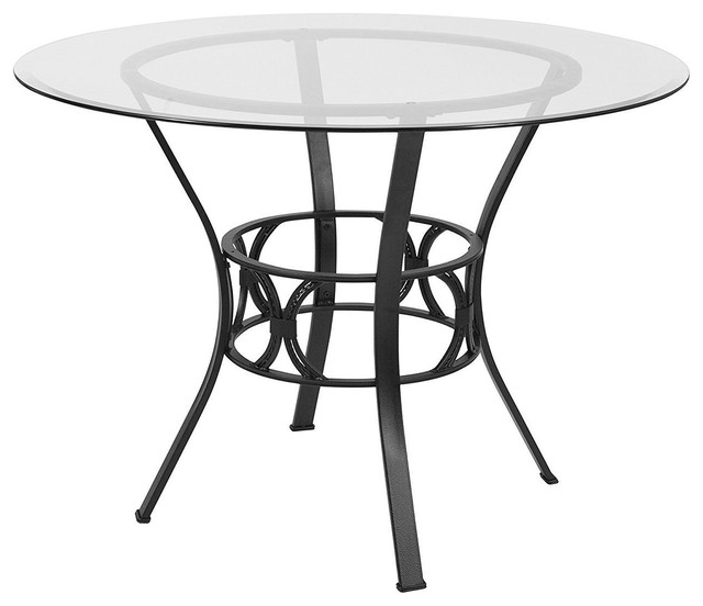 Round 42inch Glass Dining Table with Metal Frame in Black Finish