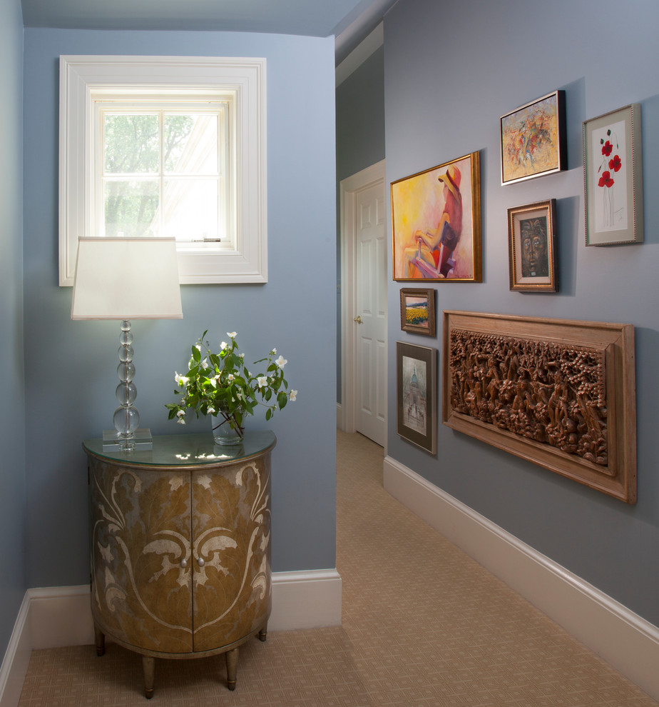 Huge transitional carpeted home design photo in DC Metro with blue walls