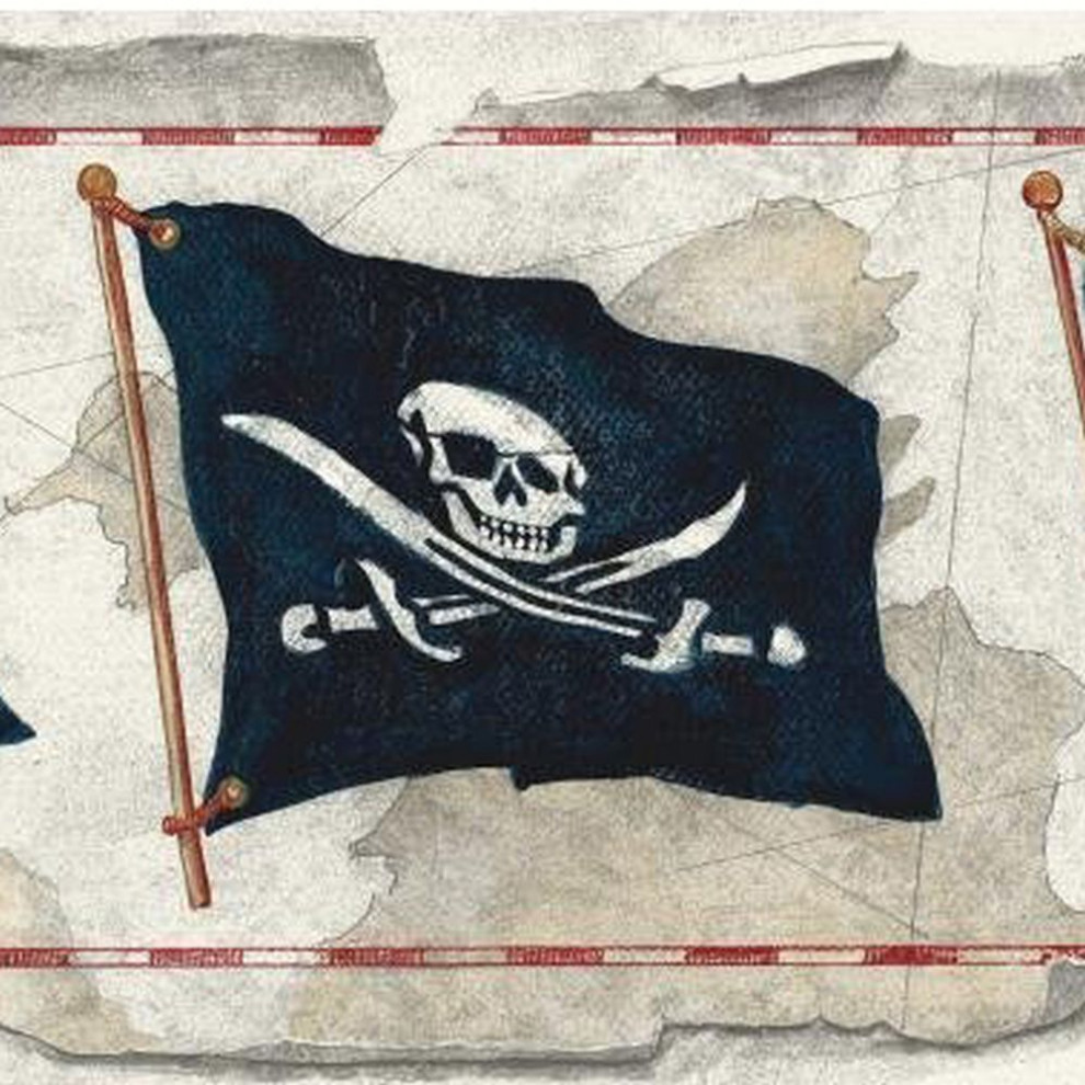 Wallpaper Border Pirate Flags Gray Dark Blue White Red 7"x15'