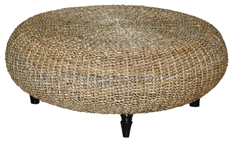 Riau Round Woven Abaca Coffee Table With Wood Spool Legs