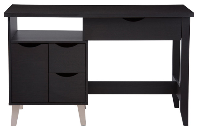 Mckenzie Wood 3-Drawer Desk, Two Open Shelves And Two Shelves, Dark Brown