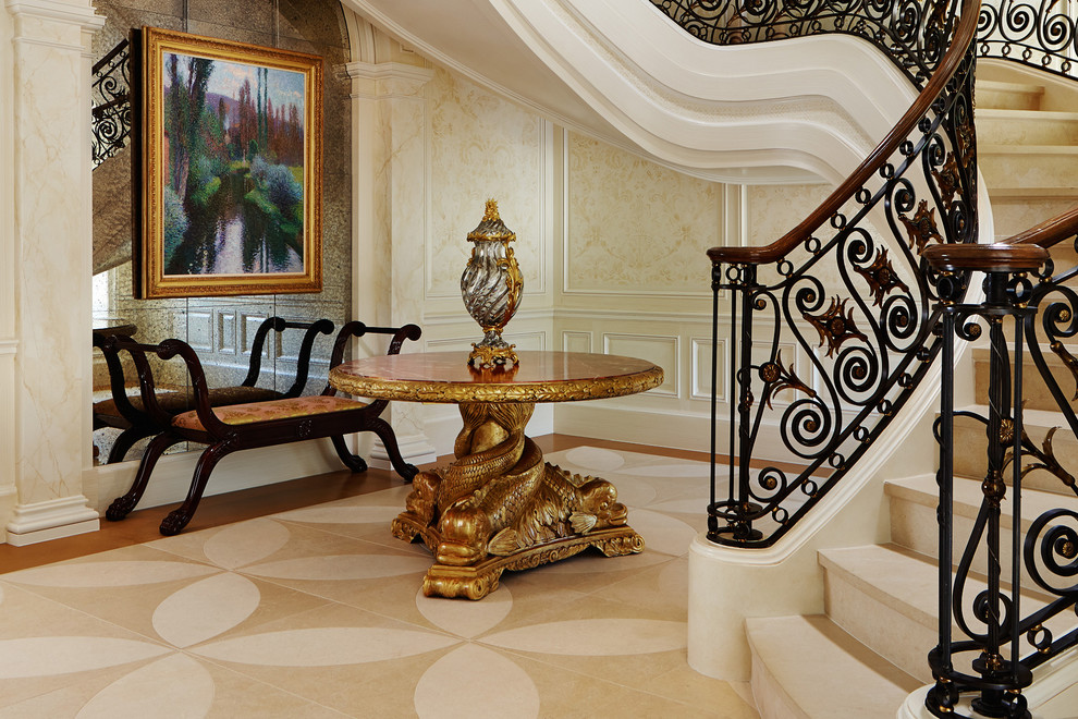 Expansive mediterranean marble curved staircase in Other with marble risers and mixed railing.