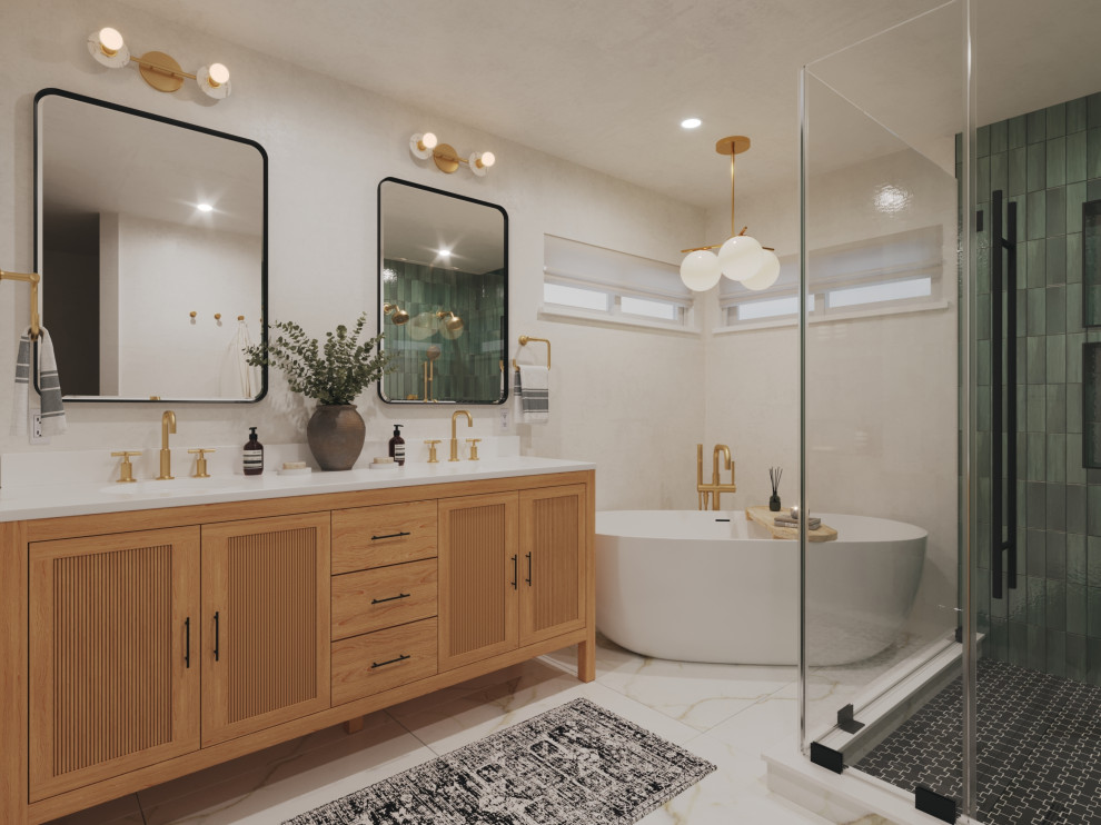 Mid-sized modern master bathroom in San Francisco with beaded inset cabinets, light wood cabinets, a freestanding tub, a double shower, green tile, ceramic tile, white walls, an integrated sink, a hinged shower door, white benchtops, a double vanity and a freestanding vanity.