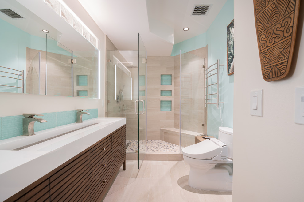 Inspiration for a medium sized world-inspired ensuite bathroom in San Francisco with medium wood cabinets, white worktops, double sinks and a freestanding vanity unit.