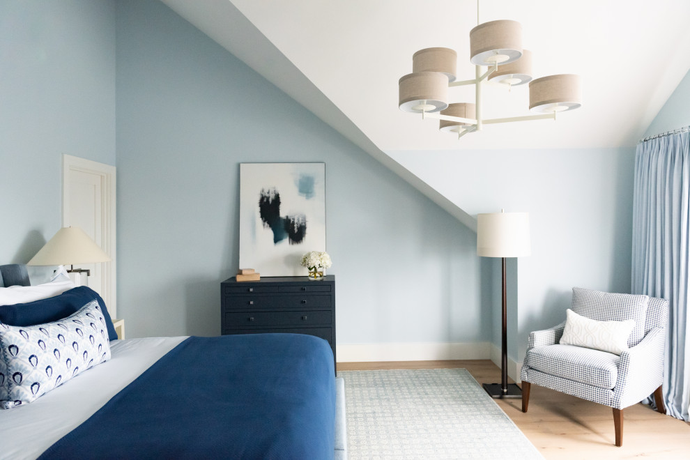 Transitional guest bedroom in Boston with blue walls, medium hardwood floors, no fireplace, brown floor and vaulted.