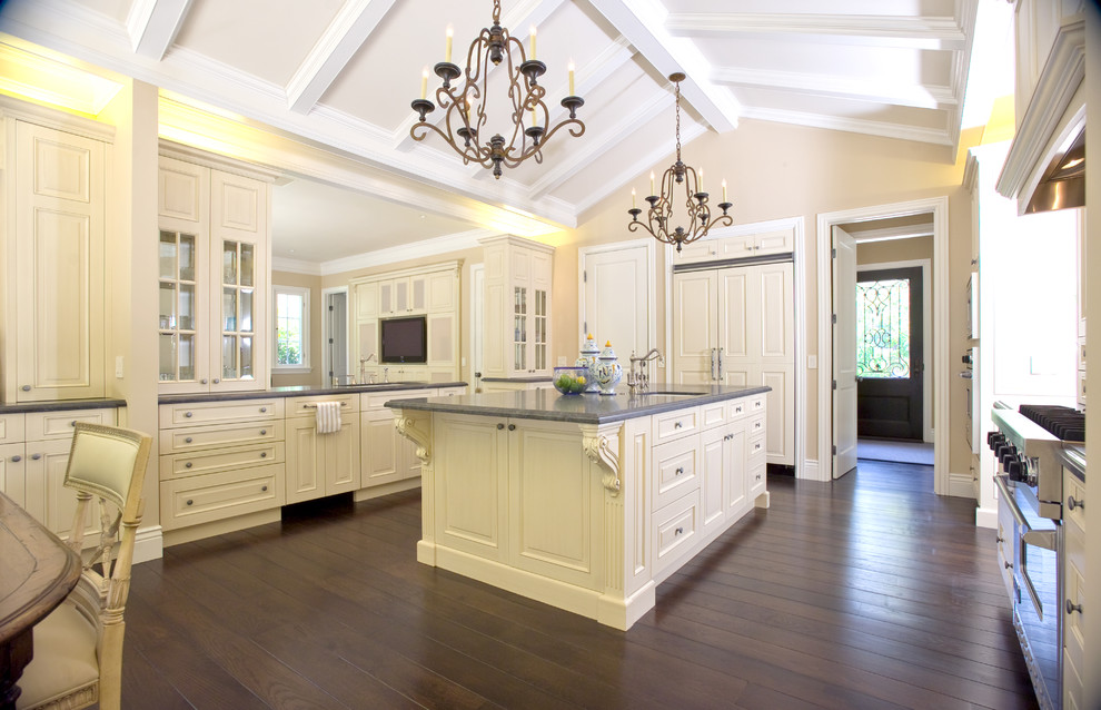 Design ideas for a traditional kitchen in San Francisco with raised-panel cabinets and beige cabinets.