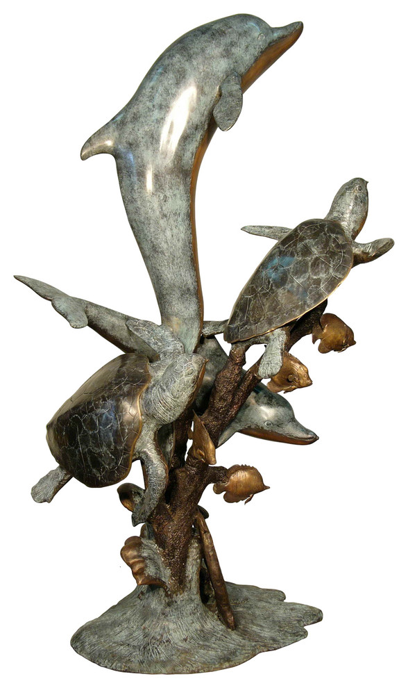 Dolphins And Two Sea Turtles Swimming Bronze Sculpture Beach Style