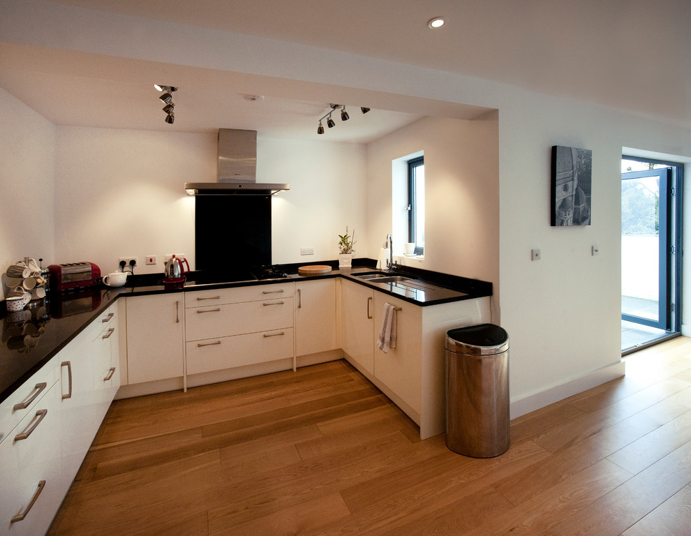 Contemporary u-shaped kitchen in Cornwall with a double-bowl sink and flat-panel cabinets.