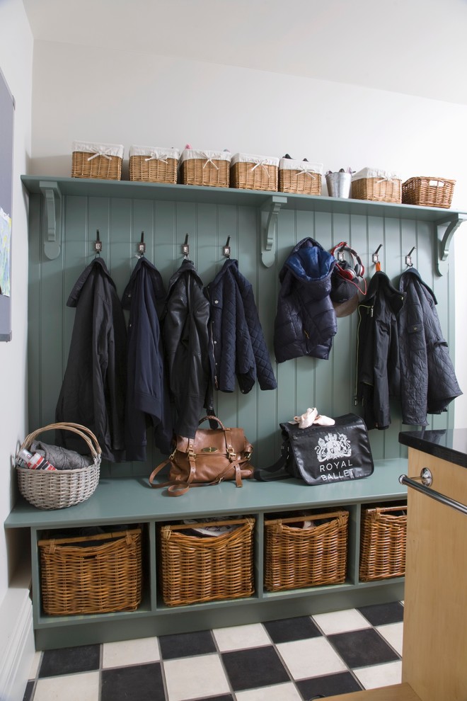 Inspiration for a traditional mudroom in Gloucestershire with linoleum floors and multi-coloured floor.