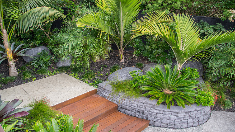 Aménagement d'un jardin exotique de taille moyenne.